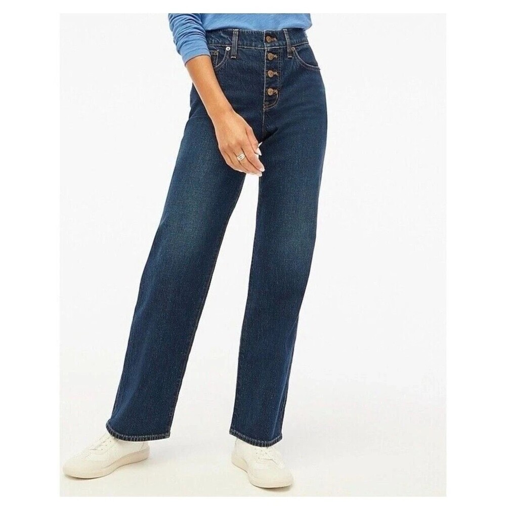 J Crew Full Length Wide Leg Jeans Womens 27 Blue Dark Wash Button Fly
